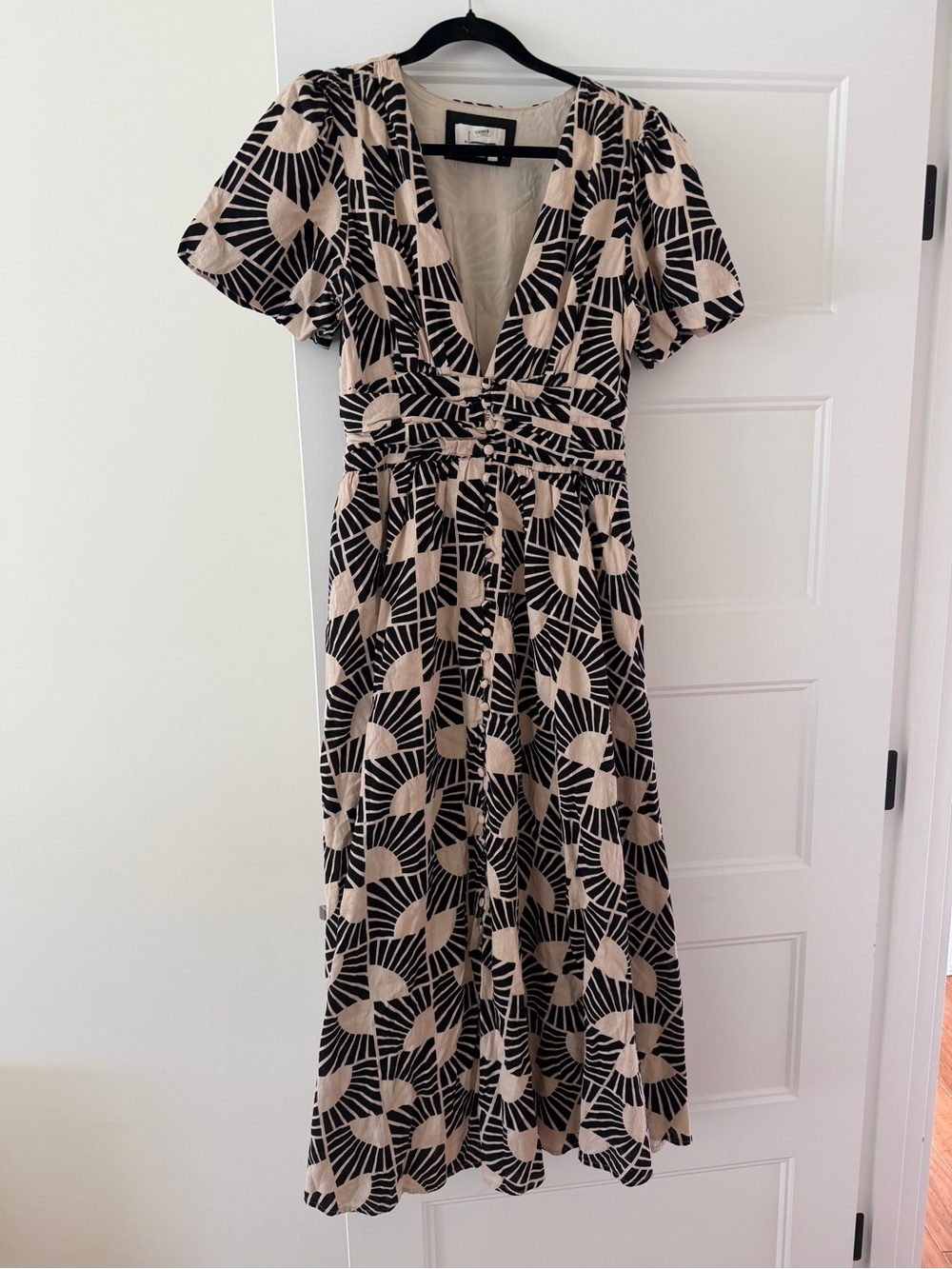 Anthropologie Black and Cream Geometric V-Neck Midi Dress size Small